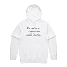 Load image into Gallery viewer, Stay effortlessly stylish with our women's relaxed fit hoodie featuring the bold message 'Karma Sutra - when life f**ks you in all sorts of creative ways.' This fashionable oversized hoodie offers a modern, laid-back vibe perfect for those who love trendy, relaxed fits and bold statements.