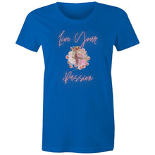 Load image into Gallery viewer, Fuel your drive with our 'Live Your Passion' women's message t-shirt. Featuring an empowering quote, this inspirational graphic tee spreads positive vibes and motivation. Perfect for those who love inspirational messages and want to make a bold, uplifting statement in style.