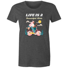 Load image into Gallery viewer, Discover our women's 'Life is a Beautiful Ride' T-shirt, featuring an empowering quote to inspire positivity. This affirmation tee blends style with an inspirational message, perfect for those seeking motivational T-shirts with uplifting, positive quotes. Wear your inspiration with pride!