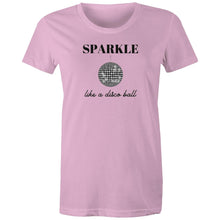 Load image into Gallery viewer, Shine bright with our women's retro t-shirt featuring the iconic slogan 'Sparkle Like a Disco Ball.' Perfect for throwback fashion lovers, this retro-inspired graphic tee is a must-have in your wardrobe. Shop the best retro t-shirts for a timeless, iconic look that never goes out of style!