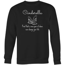 Load image into Gallery viewer, Shop our latest unisex oversized crew sweatshirt featuring the iconic slogan: 'Cinderella - proof that a new pair of shoes can change your life.' Perfect for lovers of relaxed, streetwear fashion, this statement piece blends comfort with a timeless fairytale twist. Elevate your wardrobe today!