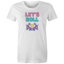 Load image into Gallery viewer, Go green with our women's organic t-shirt featuring the slogan 'Let's Roll.' Crafted from 100% organic cotton, this premium sustainable tee combines eco-friendly comfort with stylish design, making it a top choice for anyone looking for the best in organic cotton clothing.