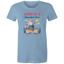 Load image into Gallery viewer, Discover our women's 'Life is a Beautiful Ride' T-shirt, featuring an empowering quote to inspire positivity. This affirmation tee blends style with an inspirational message, perfect for those seeking motivational T-shirts with uplifting, positive quotes. Wear your inspiration with pride!