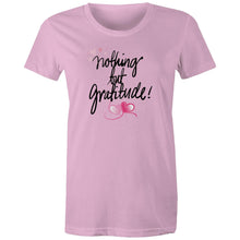 Load image into Gallery viewer, Discover our women's t-shirt featuring the empowering quote "Nothing But Gratitude." This inspirational message tee offers motivational and positive vibes, making it a perfect addition to your collection of uplifting slogan apparel. Spread positivity and embrace good vibes with this must-have piece.