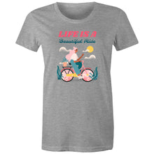 Load image into Gallery viewer, Discover our women's 'Life is a Beautiful Ride' T-shirt, featuring an empowering quote to inspire positivity. This affirmation tee blends style with an inspirational message, perfect for those seeking motivational T-shirts with uplifting, positive quotes. Wear your inspiration with pride!