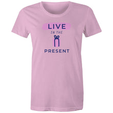 Load image into Gallery viewer, Elevate your style with our women's message t-shirt featuring the empowering slogan 'Live in the Present.' This inspirational tee combines comfort with motivation, offering positive vibes and an uplifting quote. Shop now for fashionable and motivational t-shirts that inspire!