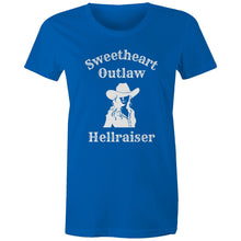 Load image into Gallery viewer, Retro cowgirl vibes meet bold attitude. This vintage-inspired cotton t-shirt is perfect for sweethearts with an outlaw edge.