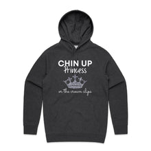 Load image into Gallery viewer, Discover our relaxed fit hoodie with the empowering slogan 'Chin Up Princess, or the Crown Slips.' Perfect for those who love fashionable oversized hoodies, this hoodie blends comfort with style. Elevate your streetwear with this must-have hoodie designed for confidence.