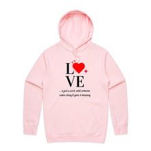 Load image into Gallery viewer, Discover our women's relaxed fit hoodie with a heartwarming "Love" message, perfect for those seeking fashionable oversized hoodies. This modern hoodie combines comfort and style, offering a cosy yet chic look for any casual occasion. Stay trendy in this must-have relaxed fit design.