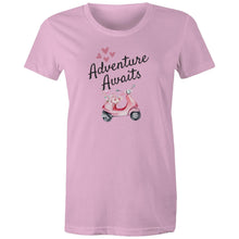 Load image into Gallery viewer, Embrace style and positivity with our 'Adventure Awaits' t-shirt. Featuring an inspirational message of empowerment and exploration, this comfortable and versatile tee is perfect for those ready to take on life's journeys. Spread a positive message wherever you go with this must-have addition to your wardrobe.