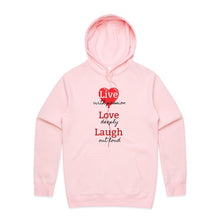 Load image into Gallery viewer, Stay cosy and stylish with our women's relaxed fit hoodie featuring the uplifting 'Live, Love, Laugh' message. This fashionable oversized hoodie offers a modern, casual look, perfect for everyday wear. Embrace comfort and style in our trendy women's hoodies.