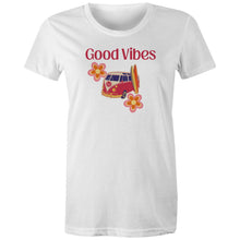 Load image into Gallery viewer, Embrace iconic retro wear with our 'Good Vibes' graphic t-shirt. Perfect for women who love a throwback style, this retro clothing staple combines timeless design with modern comfort. Elevate your wardrobe with a must-have women’s tee that spreads positivity in every outfit.