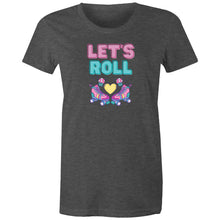 Load image into Gallery viewer, Step back in time with our women's retro t-shirt emblazoned with the iconic slogan 'Let's Roll.' Perfect for fans of throwback fashion, this 80's inspired tee features a retro graphic design, making it a standout addition to any collection of the best retro t-shirts.