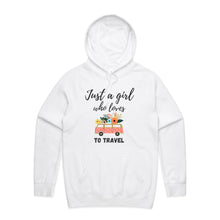 Load image into Gallery viewer, Embrace the travel vibe with our 'Just a Girl Who Loves to Travel' hoodie. This cosy hoodie offers a relaxed fit, blending comfort with streetwear chic. Perfect for wanderers, this fashionable hoodie captures the essence of adventure, making it a staple for any traveler's wardrobe.