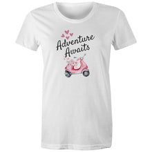 Load image into Gallery viewer, Embrace style and positivity with our 'Adventure Awaits' t-shirt. Featuring an inspirational message of empowerment and exploration, this comfortable and versatile tee is perfect for those ready to take on life's journeys. Spread a positive message wherever you go with this must-have addition to your wardrobe.