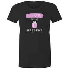 Load image into Gallery viewer, Embrace mindful living with our 100% organic cotton t-shirt, featuring the inspiring message "Live in the Present." Crafted from eco-friendly materials, this premium sustainable tee offers comfort and style. Shop now for high-quality organic cotton clothing that’s both chic and planet-friendly!