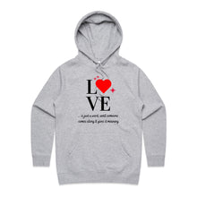 Load image into Gallery viewer, Elevate your street style with our women's regular fit hoodie featuring a chic "Love" message. Part of our premium women's hoodie collection, this fashionable and high-quality design is perfect for casual wear. Discover stylish ladies' hoodies that blend comfort with designer flair.
