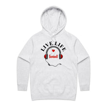 Load image into Gallery viewer, Discover our 'Live Life Loud' women's regular fit hoodie, blending casual street style with chic, designer appeal. Crafted from high-quality materials, this fashionable hoodie is part of our premium women's hoodie collection, offering the latest in urban hoodie style for bold, confident looks.