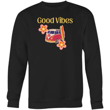 Load image into Gallery viewer, Stay cosy and stylish in our women's 'Good Vibes' sweatshirt. Designed with a relaxed fit, this fashionable oversized piece offers ultimate comfort. Perfect for those who love versatile, comfortable sweatshirts and trendy urban streetwear that spreads positivity everywhere.