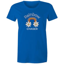 Load image into Gallery viewer, Chase your dreams in style with our 'Rainbow Chaser' women's retro t-shirt. Featuring an iconic retro graphic, this vintage-inspired tee brings vibrant colours and a nostalgic vibe. Perfect for retro clothing lovers, it’s the best choice for those seeking standout, throwback fashion.