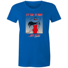 Load image into Gallery viewer, Shine bright in our women's t-shirt featuring the slogan 'Time to Shine - Relax Summertime.' This retro-inspired tee showcases an iconic graphic perfect for adding a nostalgic touch to your wardrobe. Embrace the classic vibe with this must-have piece.