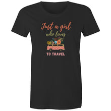 Load image into Gallery viewer, Embrace your wanderlust with this retro-inspired 'Just a Girl Who Loves to Travel' graphic t-shirt, designed for adventurous souls. Whether you're jet-setting to a new destination or dreaming of your next journey, this iconic design adds a timeless touch to your wardrobe. A must-have women's tee for travel lovers!