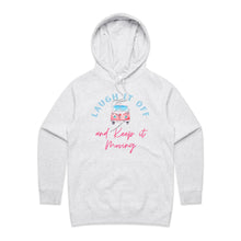 Load image into Gallery viewer, Embrace casual chic with our women's fit hoodie, featuring the fun slogan 'Laugh it Off and Keep It Moving.' Part of our premium women's hoodie collection, this piece is perfect for anyone seeking stylish ladies hoodies that combine designer quality with fashionable street style.