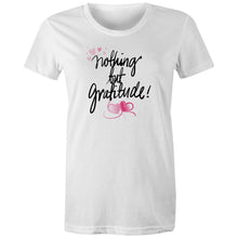 Load image into Gallery viewer, Discover our women's t-shirt featuring the empowering quote "Nothing But Gratitude." This inspirational message tee offers motivational and positive vibes, making it a perfect addition to your collection of uplifting slogan apparel. Spread positivity and embrace good vibes with this must-have piece.
