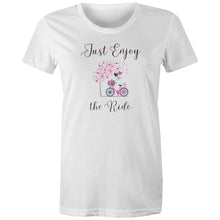 Load image into Gallery viewer, Discover our 'Enjoy the Ride' affirmation t-shirt, an inspirational graphic tee that spreads positive vibes wherever you go. Perfect for those who embrace life’s journey, this motivational t-shirt features a bold message to inspire yourself and others. Shop now for uplifting, positive quotes!