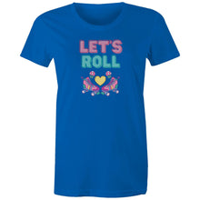 Load image into Gallery viewer, Step back in time with our women's retro t-shirt emblazoned with the iconic slogan 'Let's Roll.' Perfect for fans of throwback fashion, this 80's inspired tee features a retro graphic design, making it a standout addition to any collection of the best retro t-shirts.