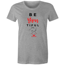 Load image into Gallery viewer, Discover the power of self-love with our 'Be-You-tiful' women's t-shirt, featuring an inspirational message that encourages you to embrace your true self. This shirt is a celebration of individuality and self-acceptance, perfect for anyone looking to remind the world that beauty shines brightest when you're simply you.