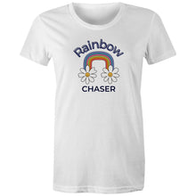Load image into Gallery viewer, Chase your dreams in style with our 'Rainbow Chaser' women's retro t-shirt. Featuring an iconic retro graphic, this vintage-inspired tee brings vibrant colours and a nostalgic vibe. Perfect for retro clothing lovers, it’s the best choice for those seeking standout, throwback fashion.