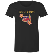 Load image into Gallery viewer, Embrace iconic retro wear with our 'Good Vibes' graphic t-shirt. Perfect for women who love a throwback style, this retro clothing staple combines timeless design with modern comfort. Elevate your wardrobe with a must-have women’s tee that spreads positivity in every outfit.