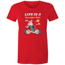 Load image into Gallery viewer, Discover our women's 'Life is a Beautiful Ride' T-shirt, featuring an empowering quote to inspire positivity. This affirmation tee blends style with an inspirational message, perfect for those seeking motivational T-shirts with uplifting, positive quotes. Wear your inspiration with pride!