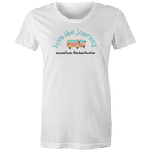 Load image into Gallery viewer, Discover our 100% organic women's t-shirt featuring the uplifting slogan, 'Love the Journey, More Than the Destination.' Crafted from premium organic cotton, this eco-friendly tee offers style and sustainability. Perfect for those who value organic, sustainable clothing with a positive message.