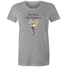 Load image into Gallery viewer, Discover our women's t-shirt featuring the empowering quote 'No Rain, No Flowers.' This inspirational message tee delivers a motivational and positive message. Perfect for those seeking uplifting slogan and inspirational message t-shirts. Wear this empowering quote t-shirt to spread positivity!