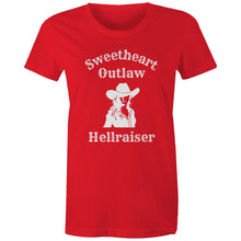 Load image into Gallery viewer, Retro cowgirl vibes meet bold attitude. This vintage-inspired cotton t-shirt is perfect for sweethearts with an outlaw edge.