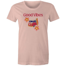 Load image into Gallery viewer, Embrace iconic retro wear with our 'Good Vibes' graphic t-shirt. Perfect for women who love a throwback style, this retro clothing staple combines timeless design with modern comfort. Elevate your wardrobe with a must-have women’s tee that spreads positivity in every outfit.