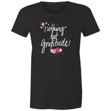 Load image into Gallery viewer, Discover our women's t-shirt featuring the empowering quote "Nothing But Gratitude." This inspirational message tee offers motivational and positive vibes, making it a perfect addition to your collection of uplifting slogan apparel. Spread positivity and embrace good vibes with this must-have piece.