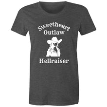 Load image into Gallery viewer, Retro cowgirl vibes meet bold attitude. This vintage-inspired cotton t-shirt is perfect for sweethearts with an outlaw edge.