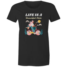 Load image into Gallery viewer, Discover our women's 'Life is a Beautiful Ride' T-shirt, featuring an empowering quote to inspire positivity. This affirmation tee blends style with an inspirational message, perfect for those seeking motivational T-shirts with uplifting, positive quotes. Wear your inspiration with pride!