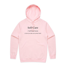 Load image into Gallery viewer, Stay stylish and comfortable with our women's relaxed fit hoodie featuring the empowering message 'Self Care - is how you take your power back.' This fashionable oversized hoodie offers a modern, relaxed fit that's perfect for everyday wear. Add a bold, positive vibe to your wardrobe!