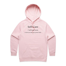 Load image into Gallery viewer, Elevate your street style with our women's regular fit hoodie, featuring the empowering message 'Self Care - is how you get your power back.' Combining chic design with ultimate comfort, this high-quality hoodie is a must-have for your collection. Perfect for effortless, urban-inspired looks!