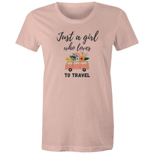 Load image into Gallery viewer, Embrace your wanderlust with this retro-inspired 'Just a Girl Who Loves to Travel' graphic t-shirt, designed for adventurous souls. Whether you're jet-setting to a new destination or dreaming of your next journey, this iconic design adds a timeless touch to your wardrobe. A must-have women's tee for travel lovers!