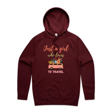 Load image into Gallery viewer, Embrace the travel vibe with our 'Just a Girl Who Loves to Travel' hoodie. This cosy hoodie offers a relaxed fit, blending comfort with streetwear chic. Perfect for wanderers, this fashionable hoodie captures the essence of adventure, making it a staple for any traveler's wardrobe.