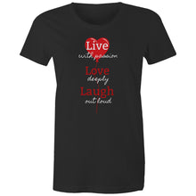 Load image into Gallery viewer, Stay eco-conscious and stylish with our women's 'Live, Love, Laugh' t-shirt. Made from 100% organic cotton, this premium, sustainable tee combines comfort with an uplifting message. Perfect for those who love top-quality, eco-friendly, and organic cotton clothing.