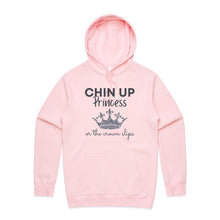 Load image into Gallery viewer, Discover our relaxed fit hoodie with the empowering slogan 'Chin Up Princess, or the Crown Slips.' Perfect for those who love fashionable oversized hoodies, this hoodie blends comfort with style. Elevate your streetwear with this must-have hoodie designed for confidence.