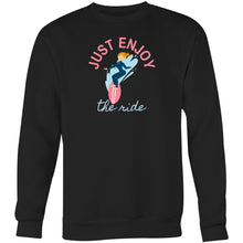 Load image into Gallery viewer, Stay cosy and stylish with our heavyweight 'Just Enjoy the Ride' women's sweatshirt. Designed for comfort, this relaxed-fit sweatshirt offers the perfect blend of fashion and function. Ideal for casual streetwear, it's a must-have for those who love comfortable, oversized, and fashionable urban apparel.