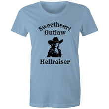 Load image into Gallery viewer, Retro cowgirl vibes meet bold attitude. This vintage-inspired cotton t-shirt is perfect for sweethearts with an outlaw edge.