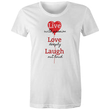Load image into Gallery viewer, Stay eco-conscious and stylish with our women's 'Live, Love, Laugh' t-shirt. Made from 100% organic cotton, this premium, sustainable tee combines comfort with an uplifting message. Perfect for those who love top-quality, eco-friendly, and organic cotton clothing.